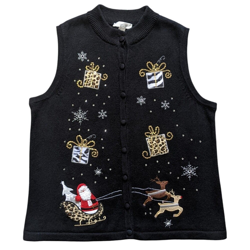 Christmas Sweater Vest Womens L Large Santa Cheetah Zebra Cardigan Reindeer Snow